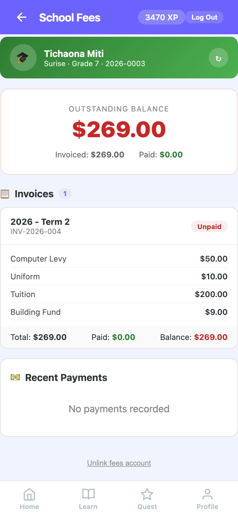 Parent sees fees on ZimLearn